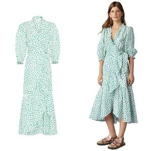 REBECCA TAYLOR Floral Wrap Ruffle Cottage Green White Midi Dress Sz 2